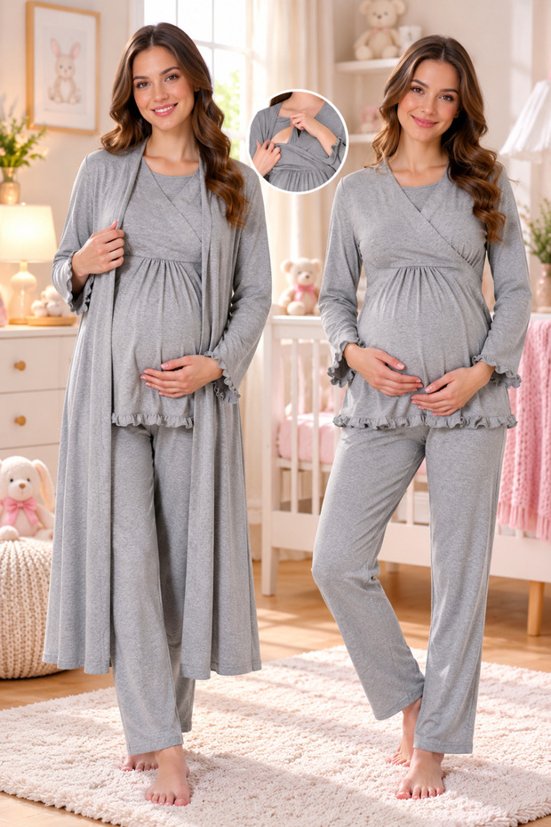 Cotton Maternity Pajama Set with Hidden Nursing Feature and Robe Effortt