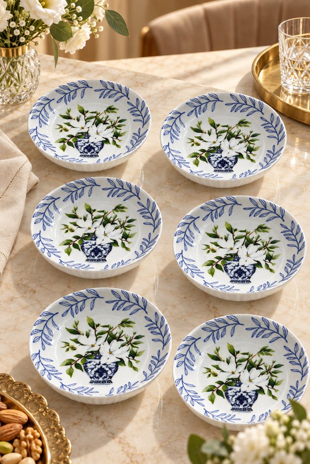 6-Piece Vase and Flower Patterned Jam Bowl and Snack Bowl Set - 13 cm - Presentation Bowl, Breakfast Bowl, Jam Bowl, Serving Bowl - Breakfast Presentation Bowl