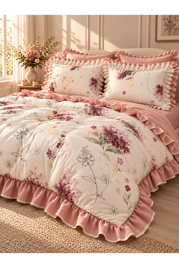 Lace Detailed Dowry Double Layer Ruffled Duvet Cover Set Viola