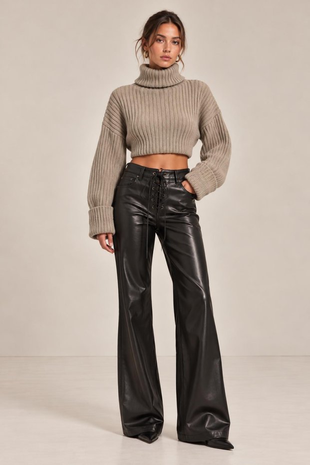 Turtleneck Wide Sleeve Ribbed Knit Sweater