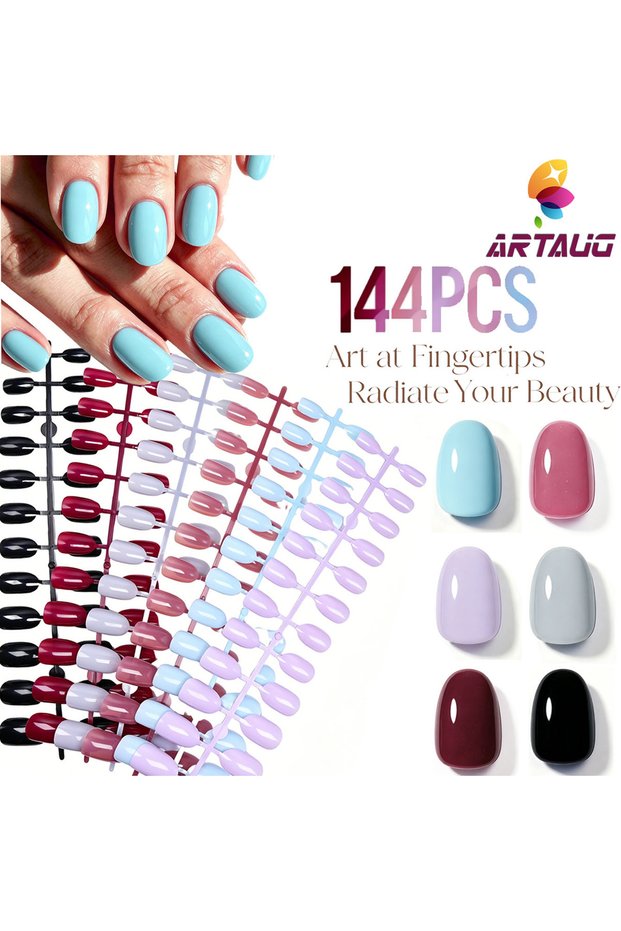 PURPLE 144PCS Short Oval Press On Nails Solid Color Pre Colored Soft Gel Fake Nails Full Cover Gloss