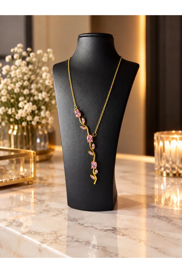 Pembe Taşlı Lale Model Çelik Kolye