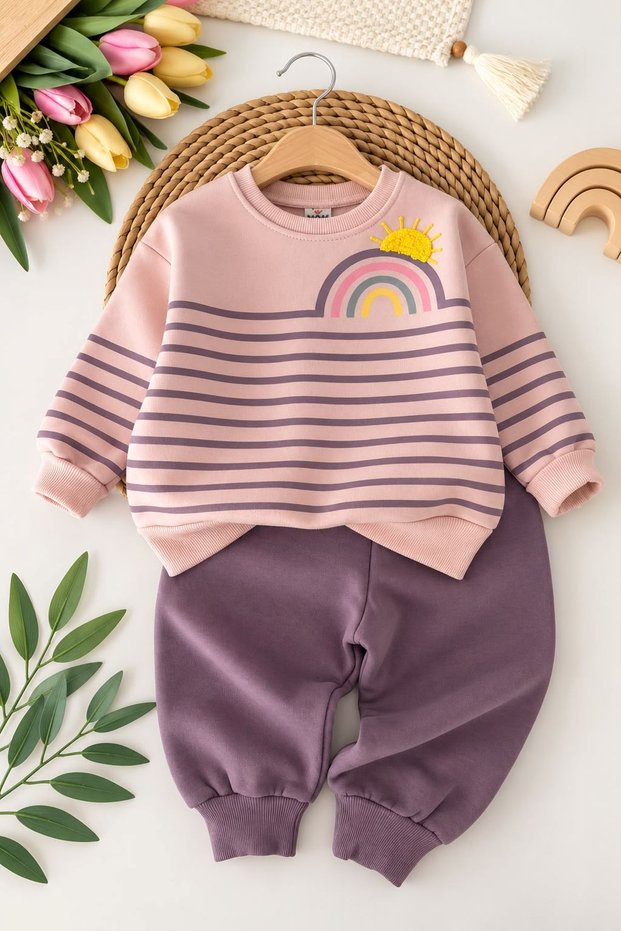 Sun Printed Winter Hooded Girls' 2-Piece Set - Purple
