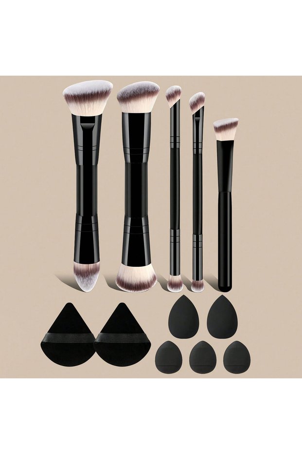 12pcs Makeup Brush Set with Sponges and Puffs, 5/7/12/15-Piece Travel Beauty Tools for Foundation, P