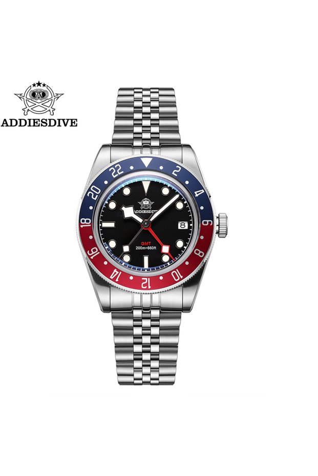 Black steel ADDIESDIVE Luxury GMT Men's Diving Watch 200m Waterproof Bubble Mirror Glass Quartz Watc