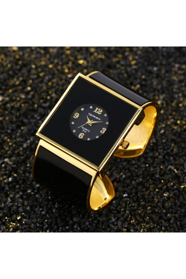 Golden Black Elegant Fashion Large Square Dial Women's Bangle Watch, Luxury All-match Ladies Female