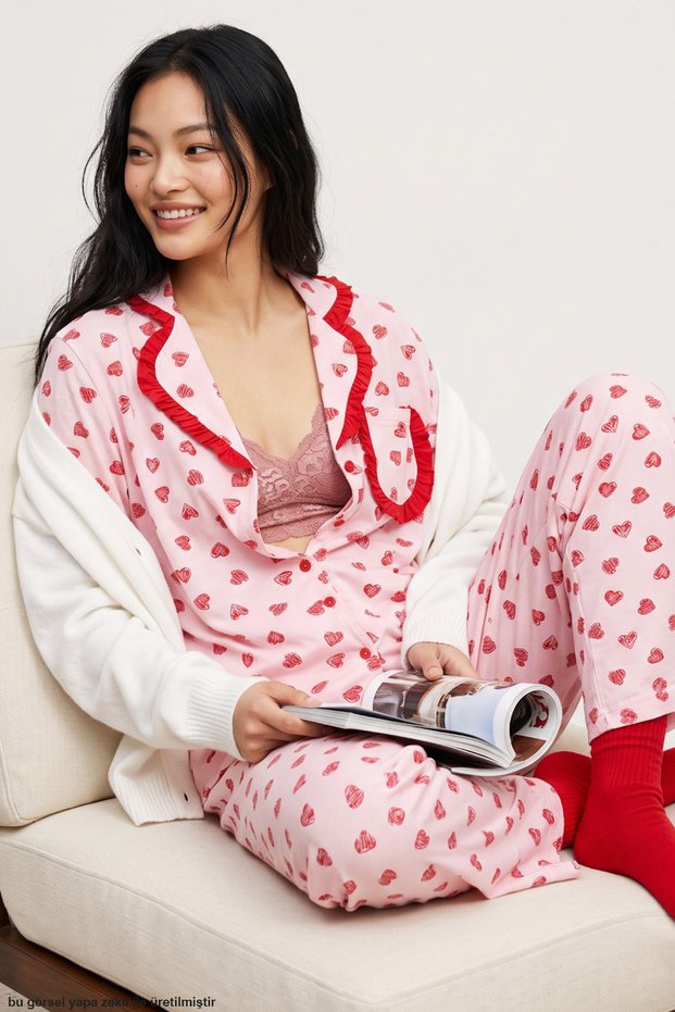 Pink Red Heart Patterned Pocketed Ruffled Soft Tuşe Winter Buttoned Knitted Pajama Set 8081