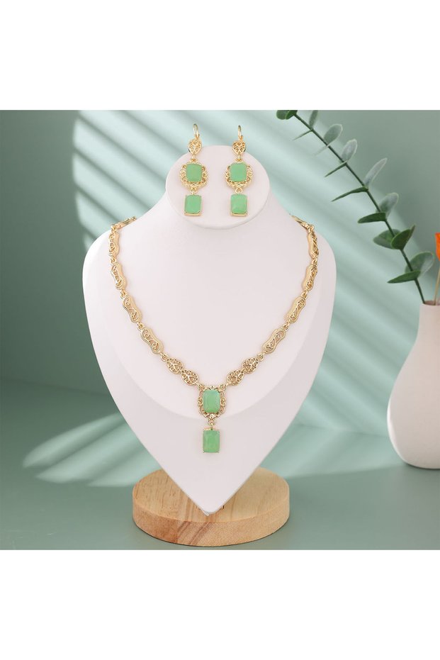 egg green Moroccan Style Necklace Earring Set Luxury Shiny Red Green Crystal Square Pendant Neck Ch