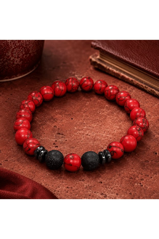 Style A A Red and Black Bracelet—Combining Beads with Red Stone-Like Textures and a Matte Black Fini