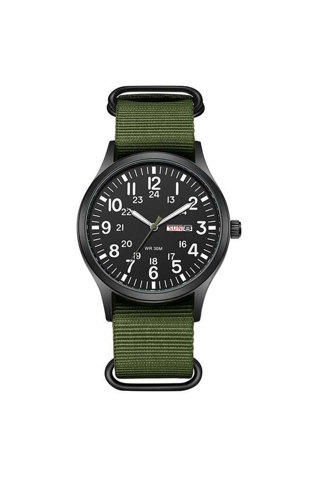 Green 2 TPW Field Watch Easy Reading Fabric Strap 24 Hours Display Quartz Movement
