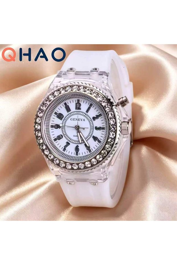 WHITE B LED Light Flash Luminous Watches Women Men Boys Girls Silicone Wrist Watch Fashion Rhineston