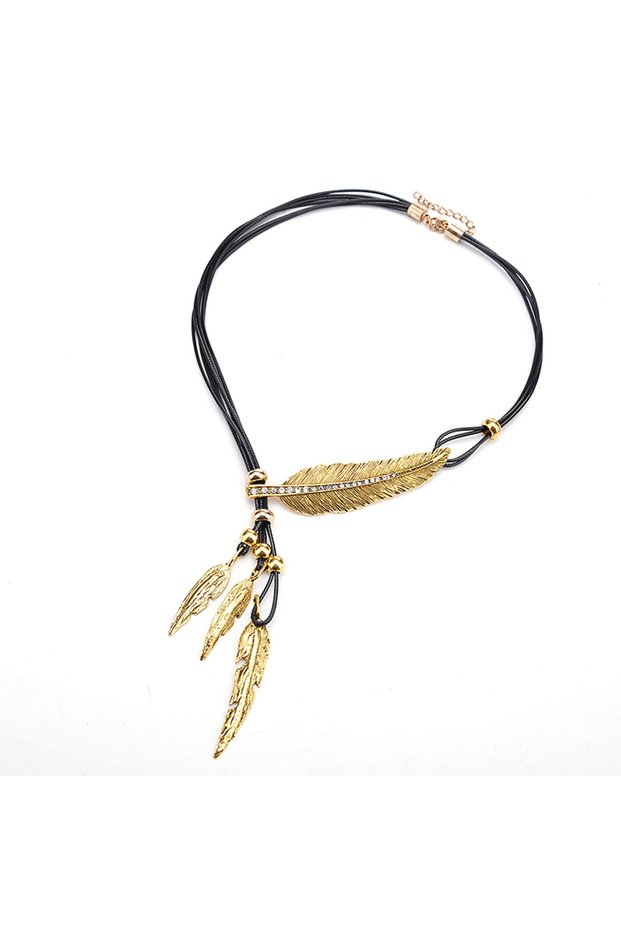 Black Golden Fashion Korean New Necklace Bohemian Style Rope Chain Leaf Feather Pattern Pendant Ne