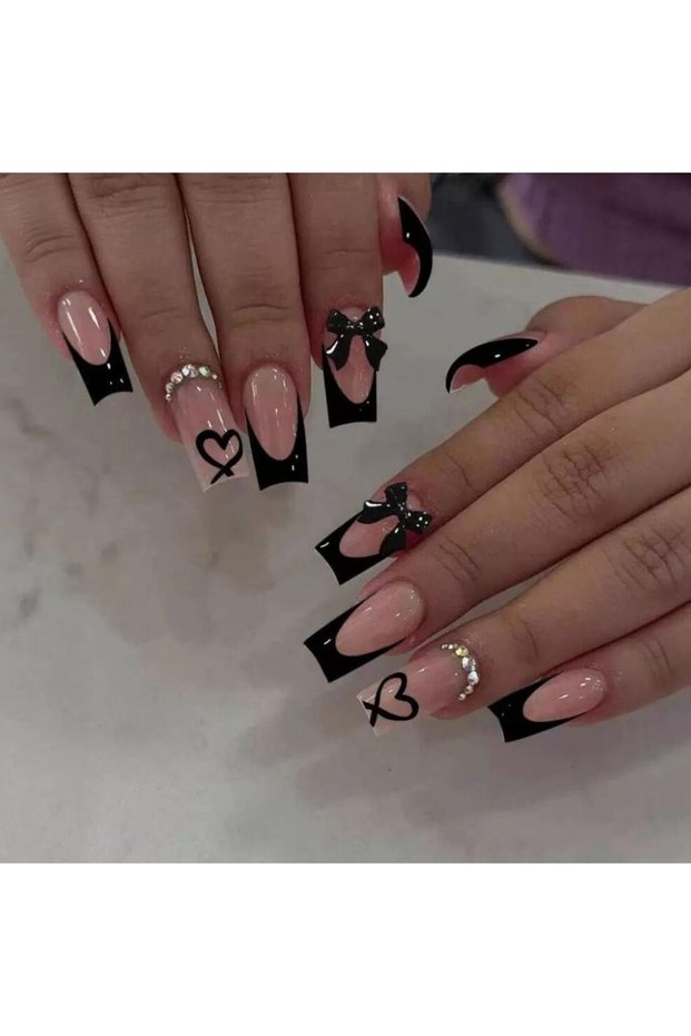 2 24Pcs Red French Tip Press On Nails With 3D Bow Heart Rhinestone Medium Square Fake Nail for Women