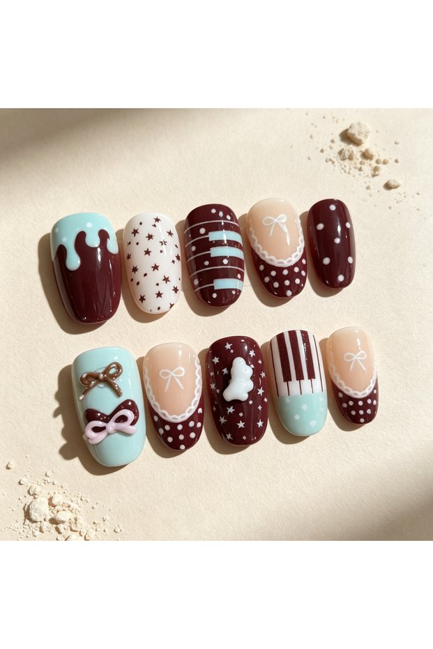 SJ0530-S 10 Hand Pressed Oval Nails, Beautiful Fake Nails, Chocolate Mint Note Bow, Suitable for Wom