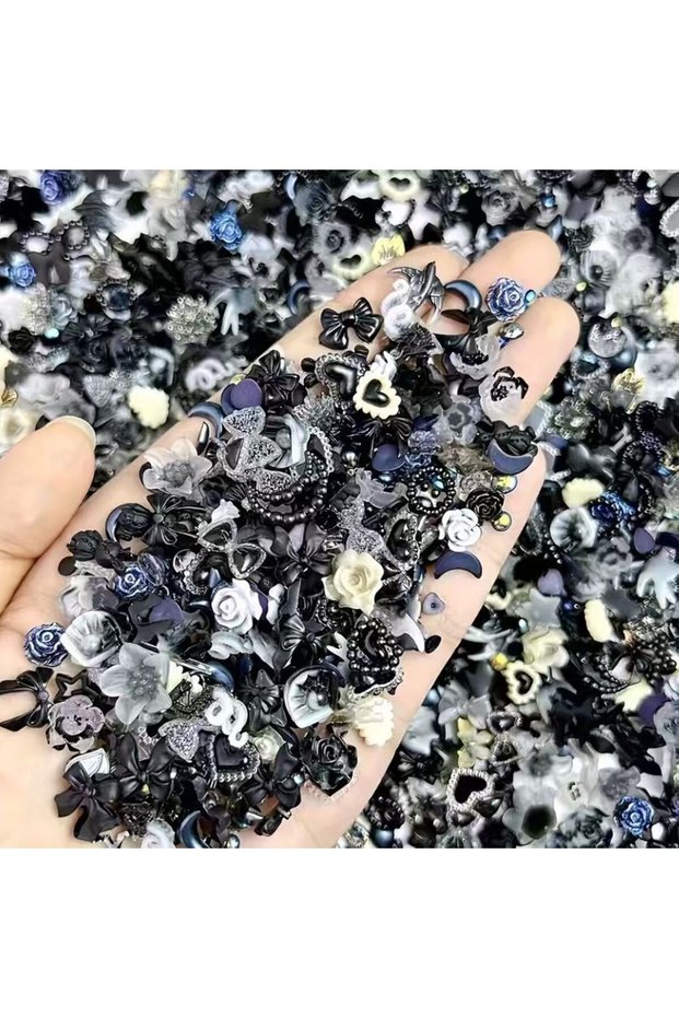 50g 50g Black White Mixed Nail Charms - Gothic 3D Rose/Bow/Heart Resin Decorations, Flatback Charms