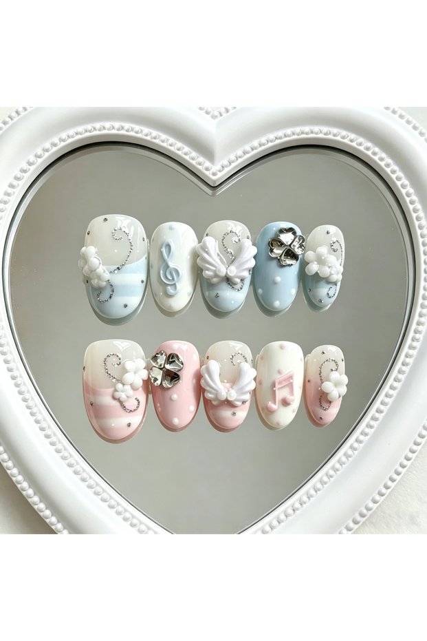 Sj0461-M 10 Pieces of Macaron-Colored Angel Note and Four-Leaf Clover Short Oval Nail Tips for Girls