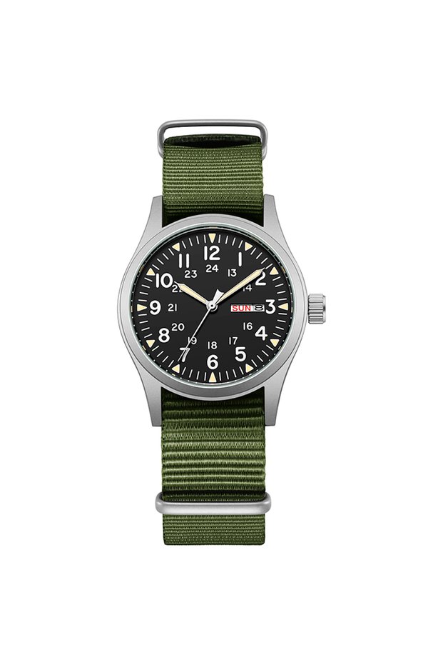 Black Green TPW 2026 Luminous 38mm Men's Field Watch Easy Read Fabric Strap 24hr Display Date Day Fu