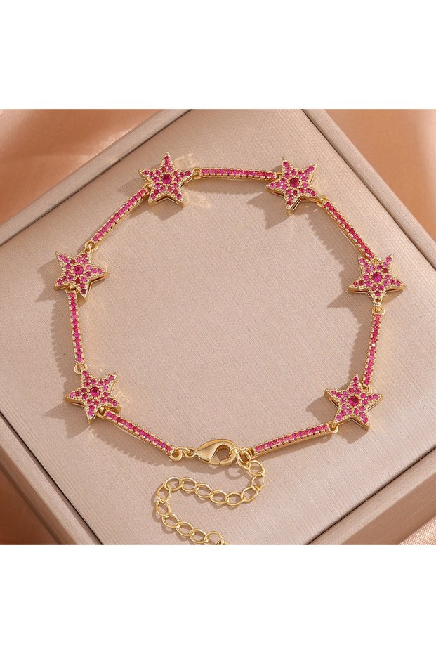 Red Yupsk New 5 Colors Shiny Zircon Five-pointed Star Charm Bracelet for Women Exquisite CZ Turquois