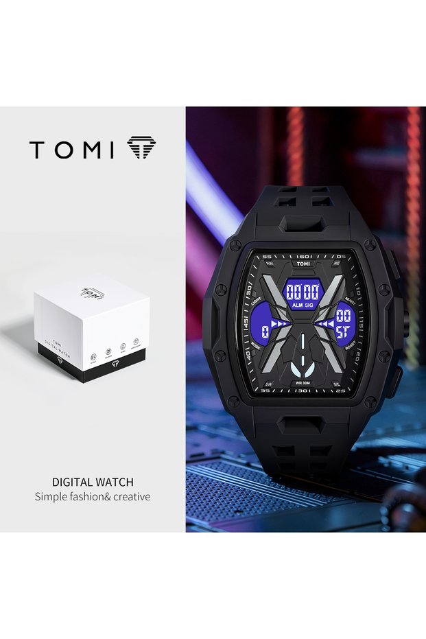 Black TOMI Men's Sports Mecha Style Watch Digital Electronic Watch, Backlight Alarm Stopwatch, Hollo