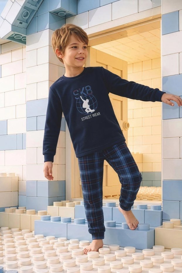 Men's Navy Blue Sk8 Embroidery Plaid Pattern Teen and Children Patterned Long Sleeve Fleece Fabric Winter Warm Pajama Set