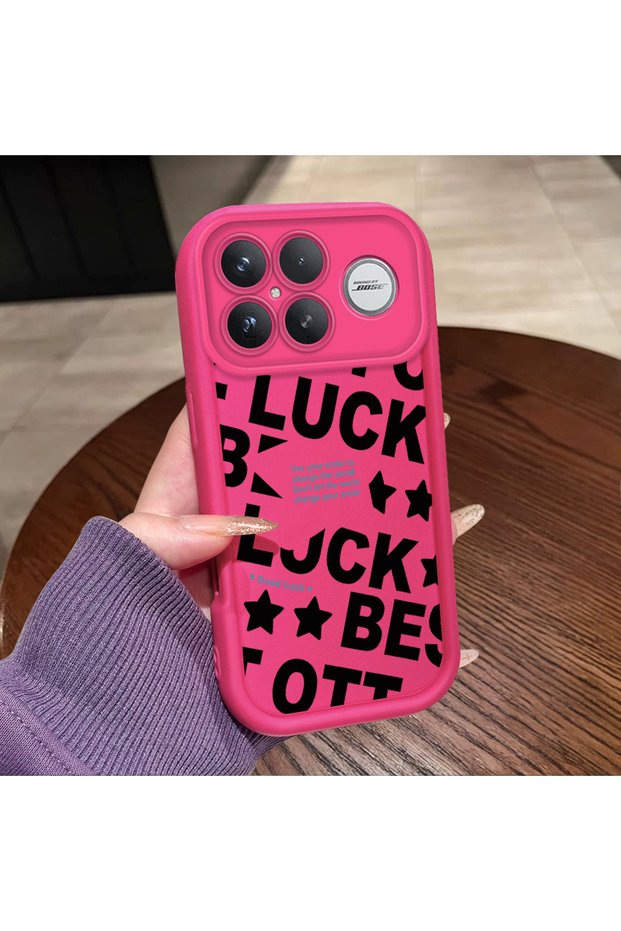 Poco F8 Ultra Compatible Good Luck Written Star and Letter Pattern Fuchsia Pink Silicone Phone Case Shockproof