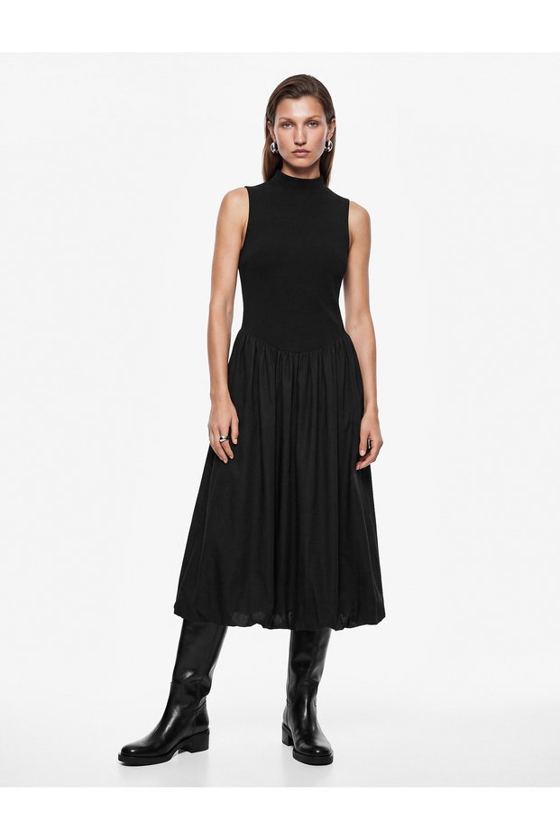 Lightweight Stand Collar Sleeveless Gathered Long Dress