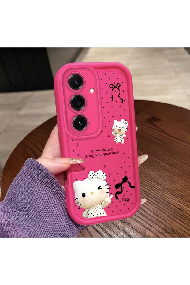 Samsung Galaxy S25 Plus Compatible Pink Red Silicone Kitty Case Shockproof Camera Protection