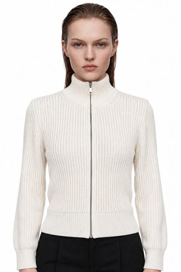 High Collar Double Zipper Ribbed Knit Cardigan