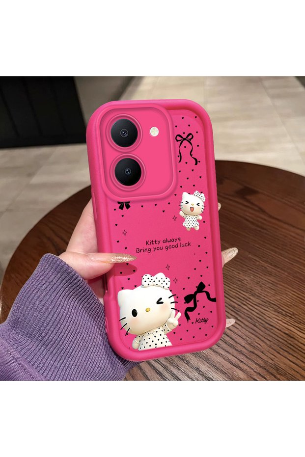 Vivo Y36 4G/5G Compatible Pink Red Silicone Kitty Case Shockproof Camera Protection