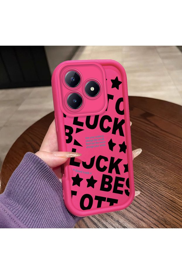 Realme C63 4G/C61 Compatible Good Luck Written Star and Letter Pattern Fuchsia Pink Silicone Phone Case Impact Protection