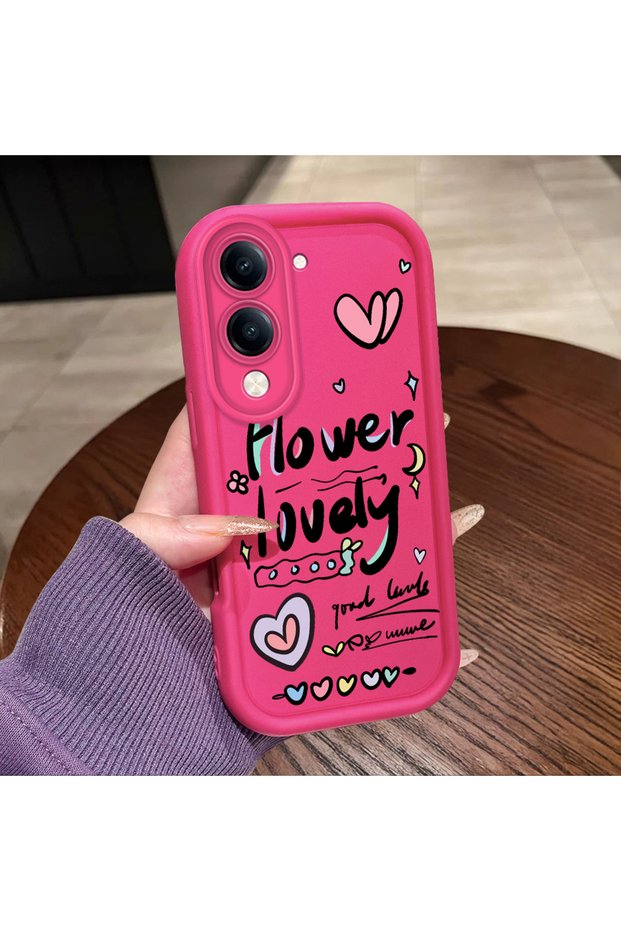 For Vivo Y04/Y19/Y29S Compatible Pink Red Silicone Heart Pattern Case Shockproof Camera Protection
