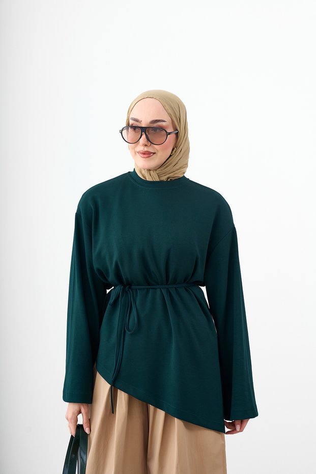 Women's Long Sleeve Asymmetrical Cut T-Shirt Dark Green