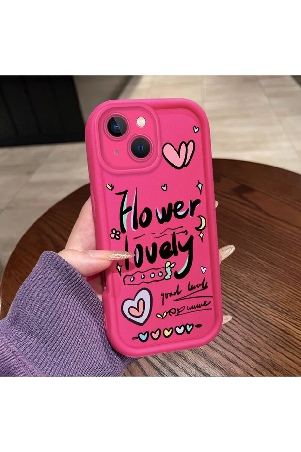 iPhone 14 Compatible Pink Red Silicone Heart Pattern Case Shockproof Camera Protection