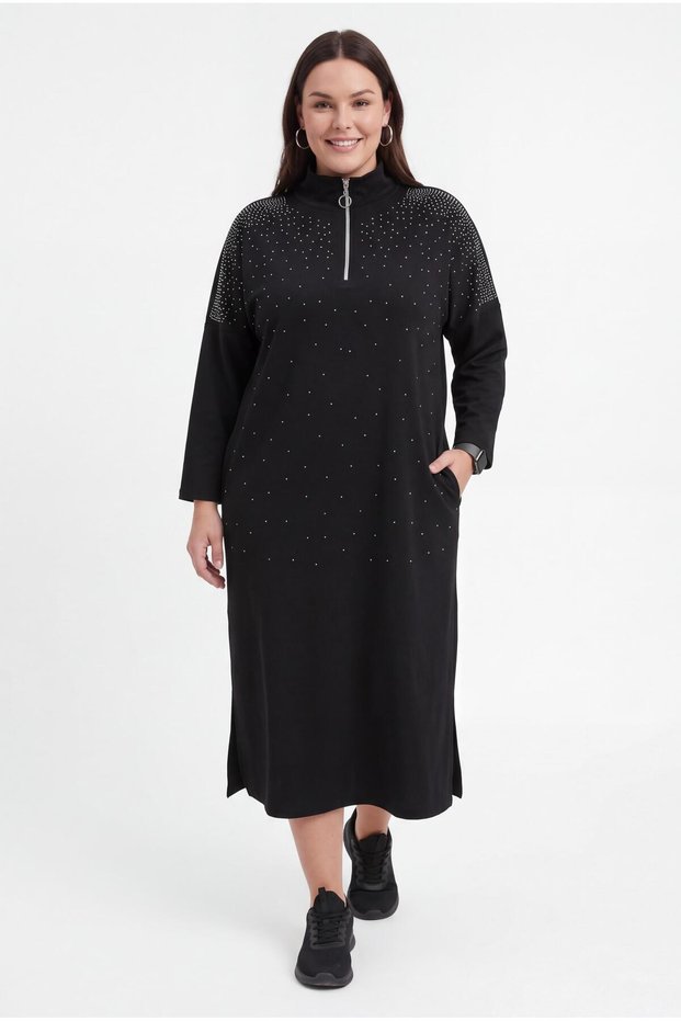 Women's Plus Size Black Dress with Stone Detail and Zipper Pockets