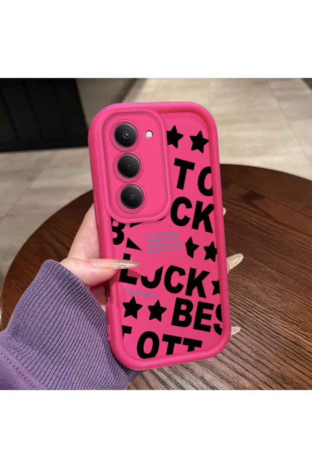 Redmi 15 5G/4G Compatible Good Luck Written Star and Letter Pattern Fuchsia Pink Silicone Phone Case Impact Protection