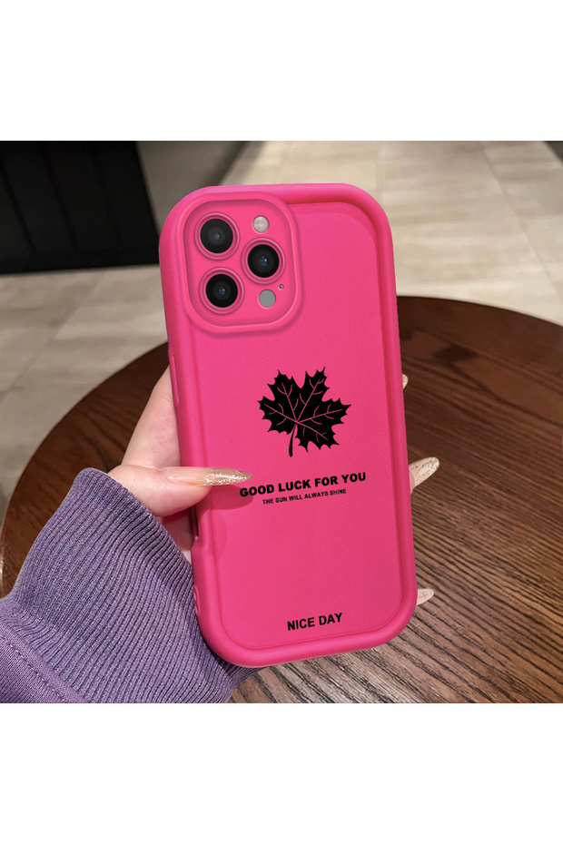 iPhone 14 Pro Max Compatible Pink Red Silicone Maple Leaf Pattern Case Shockproof Camera Protection