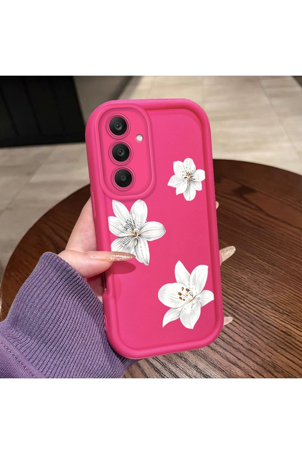 Samsung Galaxy S25 Compatible Pink Red Silicone Flower Pattern Case Shockproof Camera Protection