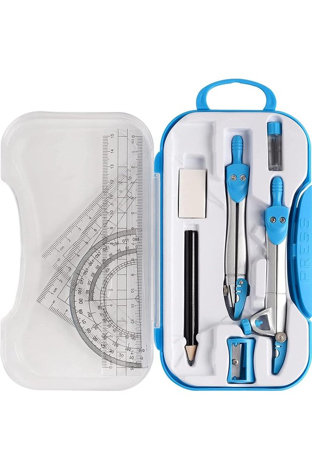 Math Geometry Kit Sets 10 Piece Student Supplies with Shatterproof Storage Box, Includes Rulers, Pro