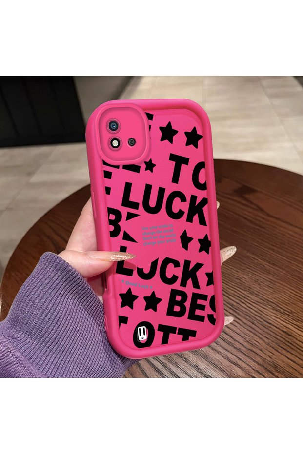 Realme C11 2021 Compatible Good Luck Written Star and Letter Pattern Fuchsia Pink Silicone Phone Case Impact Resistant