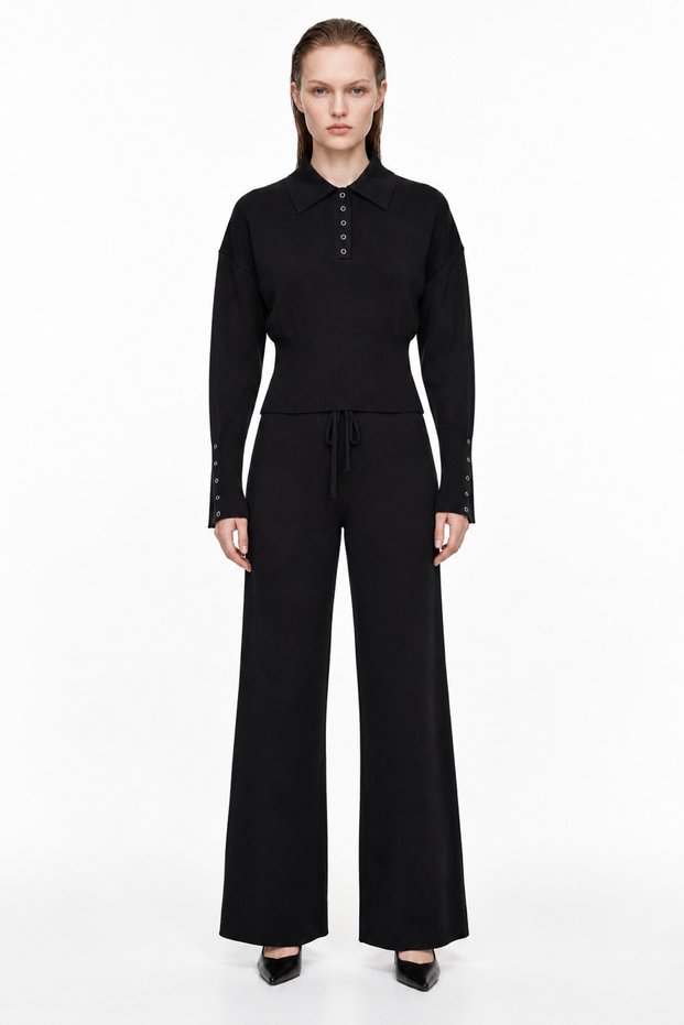 Polo collar knitwear sweater wide leg pants two-piece set