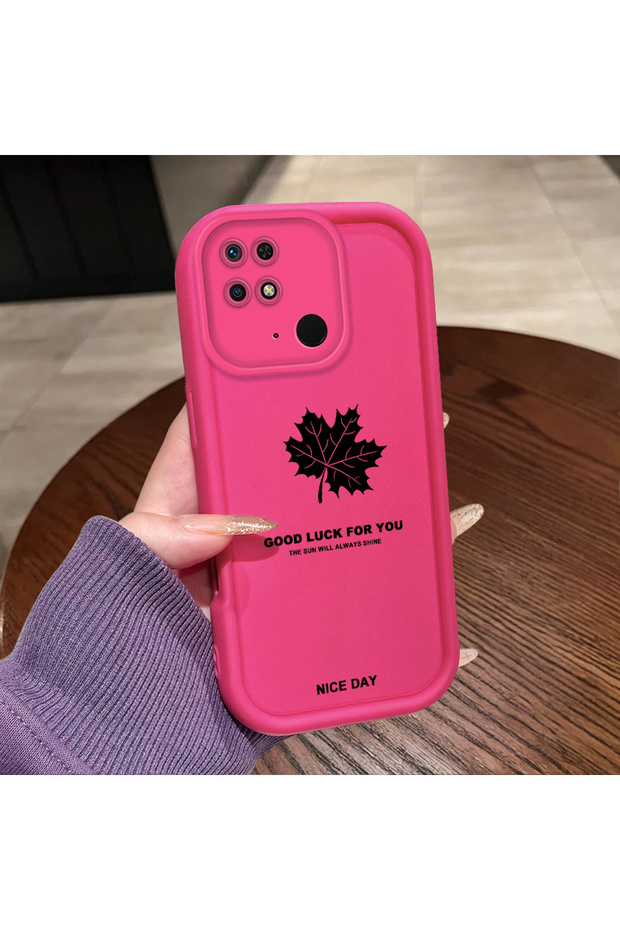 Redmi 10C Compatible Pink Red Silicone Maple Leaf Pattern Case Shockproof Camera Protection