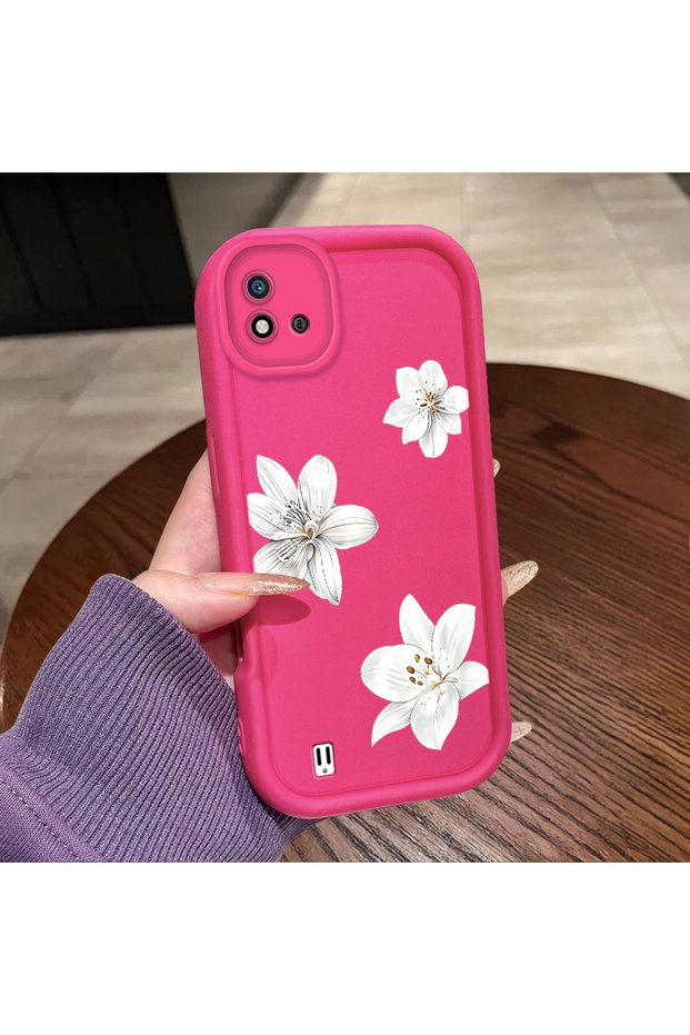 Realme C20/C20A Compatible Pink Red Silicone Flower Pattern Case Shockproof Camera Protection