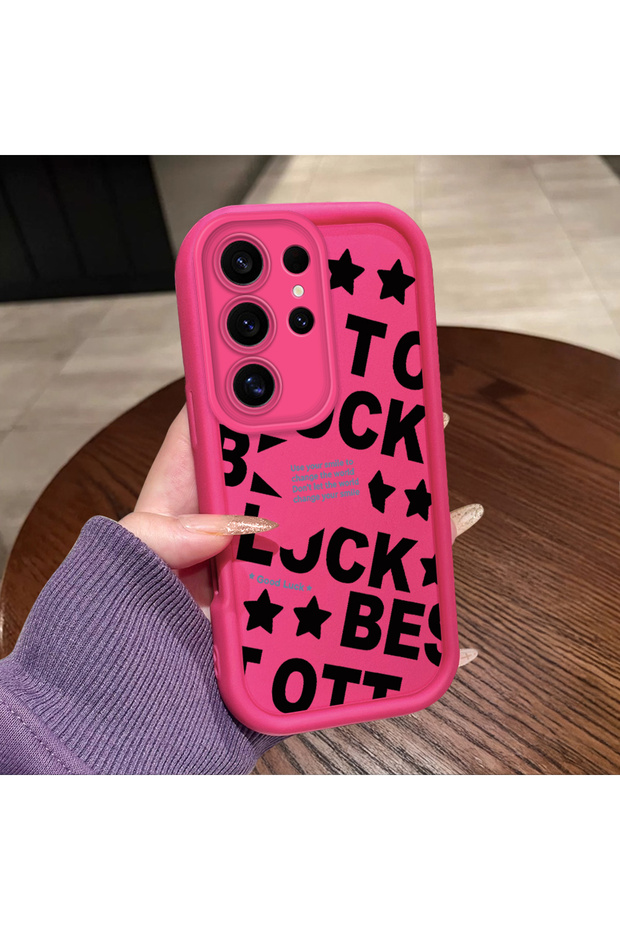 Samsung Galaxy S24 Ultra Compatible Good Luck Written Star and Letter Pattern Fuchsia Pink Silicone Phone Case Impact Protection