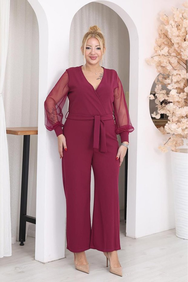 Plus Size Sleeves Tulle Lycra Fabric Jumpsuit