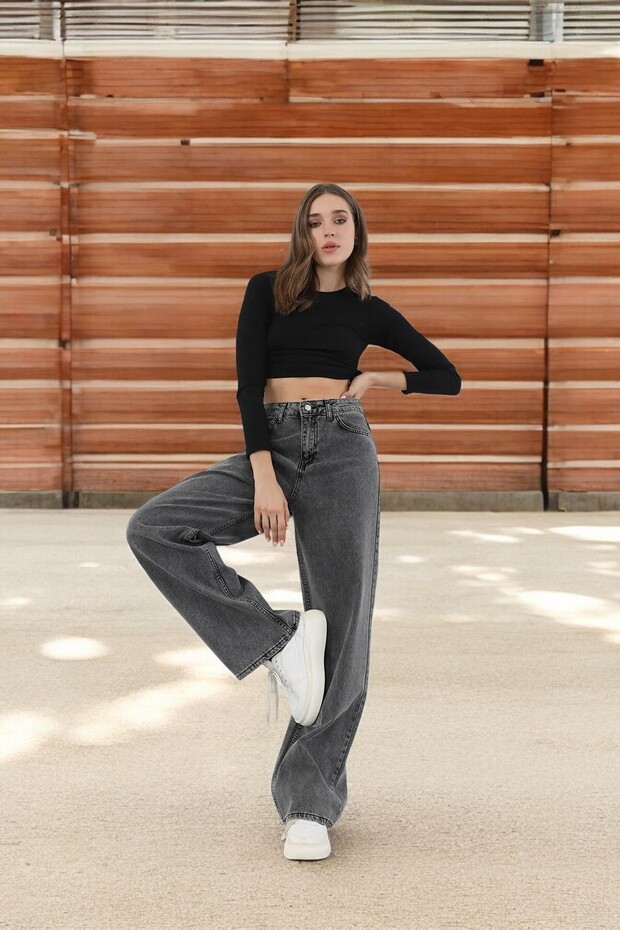 Smoked Color Women's Trendy Wide Leg High Waist Jeans