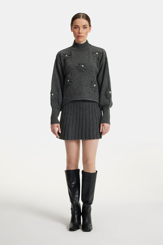 Women's Anthracite High Neck Handcrafted Floral Embroidered Knitwear Skirt Suit