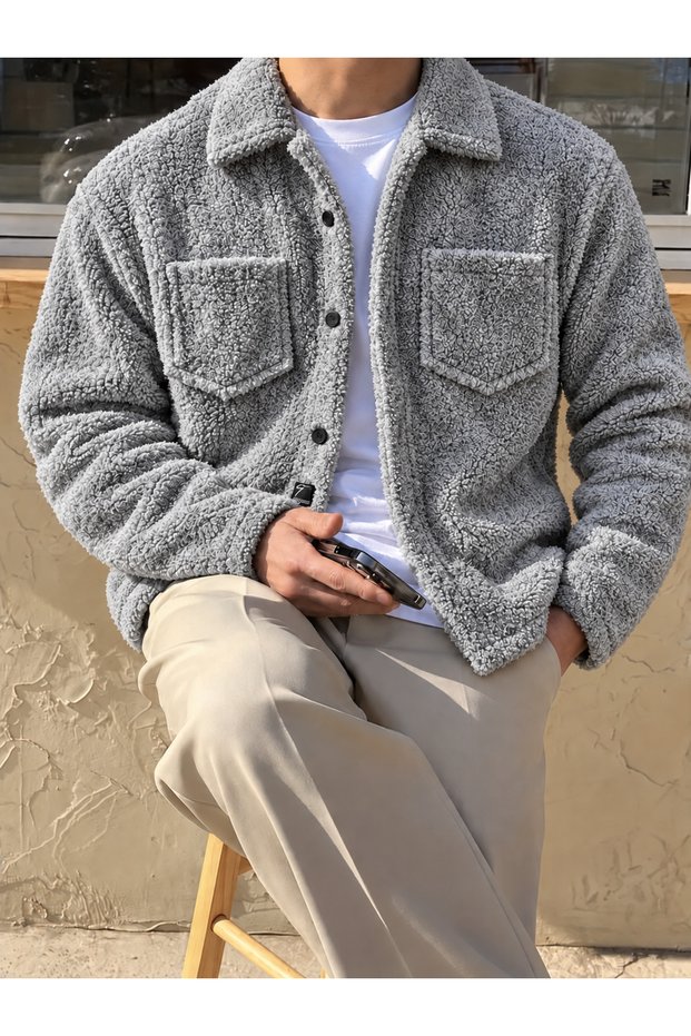 Men's Teddy Plush Shirt Jacket Double Pocket Buttoned Polo Collar Winter Overshirt