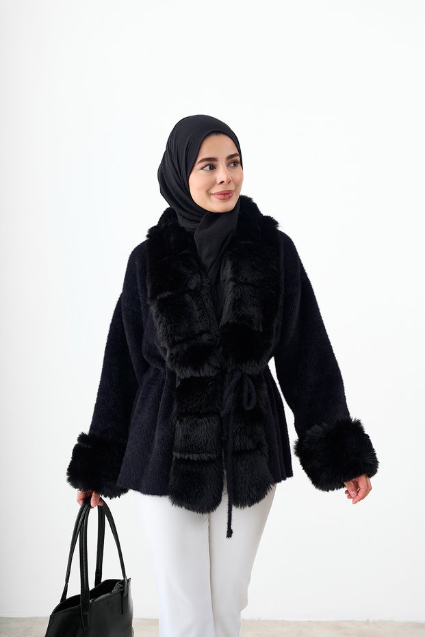 Women's Fur Detailed Waist Tie Knitwear Cardigan Black