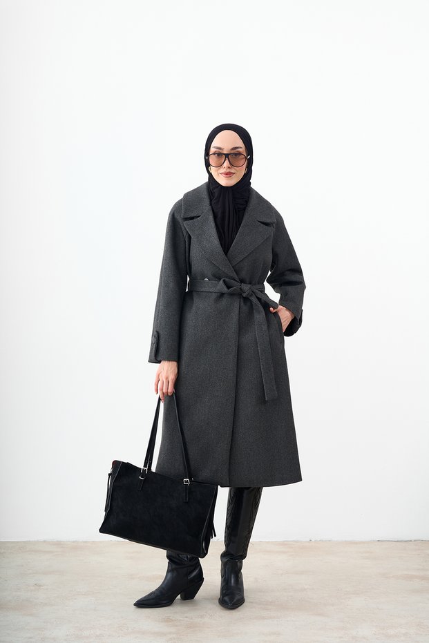 Women's Button Detail Waist Tie Cashmere Coat Gray