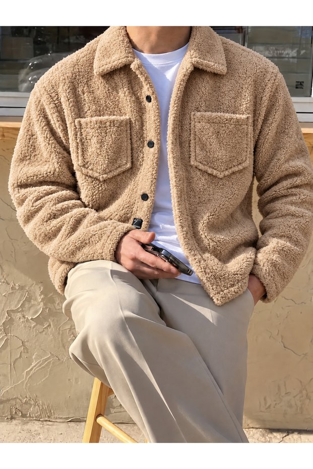 Men's Teddy Plush Shirt Jacket Double Pocket Buttoned Polo Collar Winter Overshirt